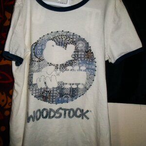 woodstock xs woman distressed sparkle gem tee - hendrix santana janis sly hippie